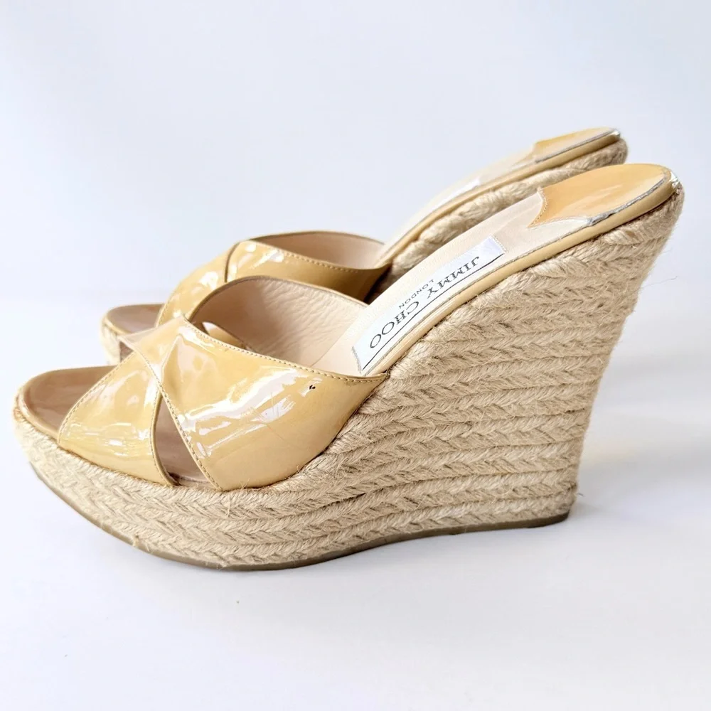 Jimmy Choo Patent Leather Espadrille Wedge Sandals Tan Camel 39